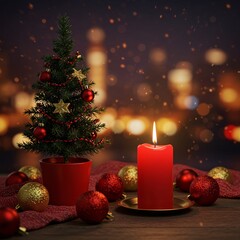 Cozy Christmas scene with a miniature decorated tree, a lit red candle, and festive ornaments on a wooden table with bokeh lights