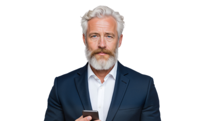 Senior businessman with a stylish beard and gray hair holding a smartphone, embodying experienced professionalism and modern connectivity
