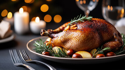 Whole roasted goose with crispy golden skin on a festive plate with apples, chestnuts, and rosemary, symbolizing celebration and a luxurious holiday meal
