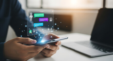 Person holding a smartphone with holographic chat bubbles emerging from the screen