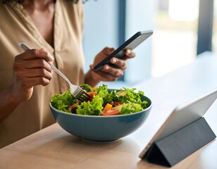 Woman eating salad while using technology