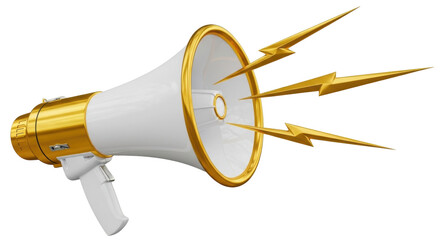 Isolated gold and white megaphone blasting sound with lighting bolt signs, no background