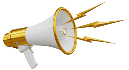 Isolated gold and white megaphone blasting sound with lighting bolt signs, no background