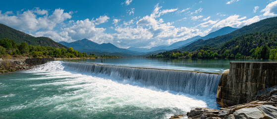 Majestic river dam flowing with vibrant waters under the blue sk