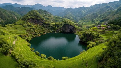 Lush green terraced fields surround a tranquil mountain lake.