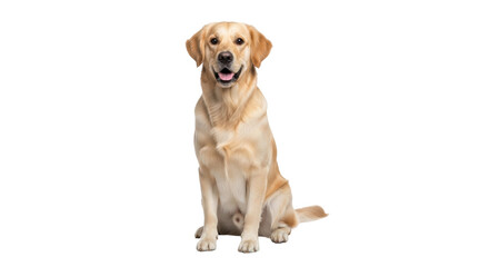 Isolated golden Labrador Retriever sitting attentively indoors friendly and cute, looking forward