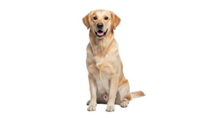 Isolated golden Labrador Retriever sitting attentively indoors friendly and cute, looking forward