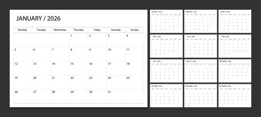 Calendar 2026 week start Monday corporate design planner template. Calendar planner 2026.
