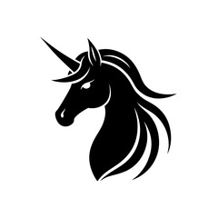 Silhouette of a unicorn head in black ink on transparent background