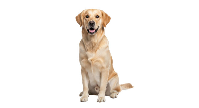 Isolated golden Labrador Retriever sitting attentively indoors friendly and cute, looking forward