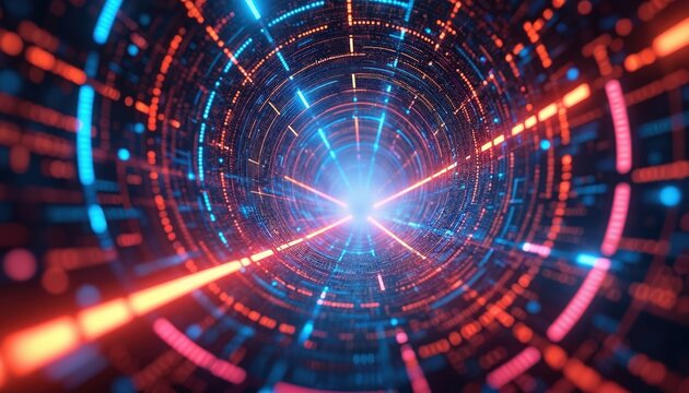 Abstract digital tunnel with glowing blue and red lights. Futuristic data stream with code elements. Cyber security or AI concept art. High tech information flow.