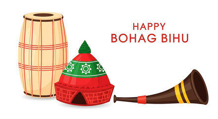 Accessories for Prazdniu Bohag Bihu with a traditional drum, festive hut and horn on a white background with space for text