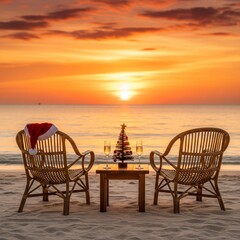 Christmas Holiday Sunset on Tropical Beach with Santa Hat and Champagne