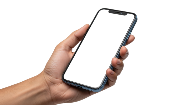 Isolated hand holding smartphone with blank white screen mockup for app presentation