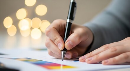 Close up of a person s hand holding a pen and writing on a document with colorful swatches