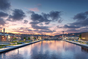 Modern urban water treatment plant at sunset with river and city