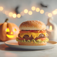 Tasty Fresh Burger with Lettuce, Cheese, and Vegetables on a Plate with Halloween Pumpkin Lanterns and Fairy Lights, Perfect for Holiday Food and Party Decor