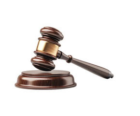 A wooden judges gavel resting on its sounding block, isolated on a transparent background, symbolizing justice, law, and legal proceedings