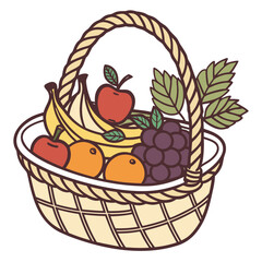 A woven basket overflowing with a vibrant assortment of fresh fruits including bananas apples oranges and grapes