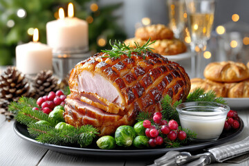 close-up of swedish julbord christmas buffet with glazed ham centerpiece surrounded by traditional delicacies, rustic holiday decorations, candlelight and fir cones, copy space