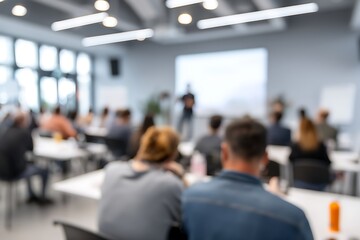 Fototapeta premium A blurred photo of a business presentation in a modern conference room, with an audience focused on the speaker. The corporate seminar represents learning, professional development, a 
