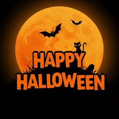 Spooky happy Halloween greeting featuring a black cat, bats, and a giant moon creating an eerie night atmosphere for festive celebrations.