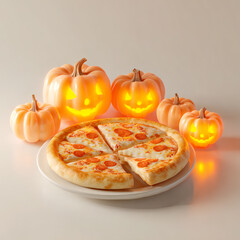 Delicious Pepperoni Pizza on Plate with Glowing Halloween Pumpkins and Festive Lights, Perfect for Holiday Party Food, Autumn Celebration, and Spooky Decor