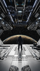 Astronaut exploring new planet from spaceship hangar bay. 3d render © DMegias