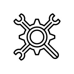 Obraz premium Gear and wrenches crossed outline drawing on transparent background silhouette