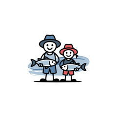 cartoon illustration of a man and woman catching fish
