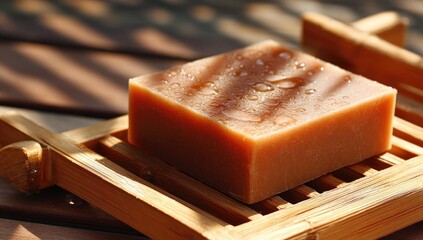 Close up of a bar of light brown soap on a wooden soap dish.