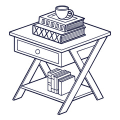 A minimalist line art illustration of a side table with books and a cup of coffee on top and more books on the shelf below