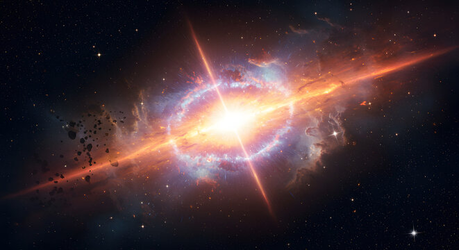 Cosmic Burst: An awe-inspiring image of a supernova exploding, unleashing a radiant display of energy across the vast expanse of space, capturing the immense power and beauty of the cosmos.