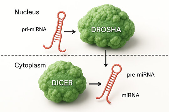 Biological diagram illustrating the processing of pri-miRNA to miRNA in the nucleus and cytoplasm, involving enzymes DROSHA and DICER.
