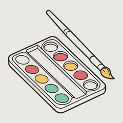 A simple illustration of a watercolor paint palette with a paintbrush lying next to it on a plain background