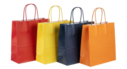 Isolated colorful shopping bags retail paper for purchases, red, yellow, blue, and orange