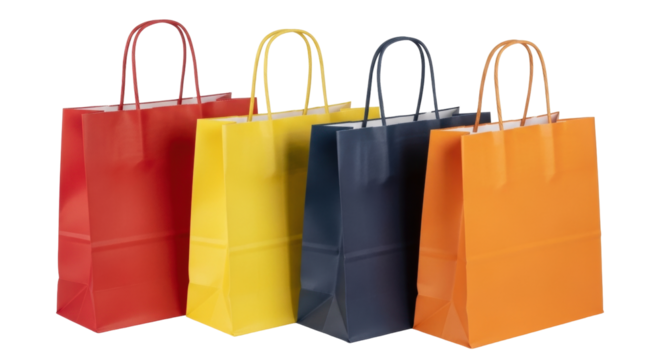 Isolated colorful shopping bags retail paper for purchases, red, yellow, blue, and orange