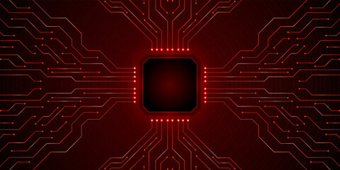 Digital Circuitry: A close-up shot of a complex and intricate digital circuit, with its red pathways and illuminating core.