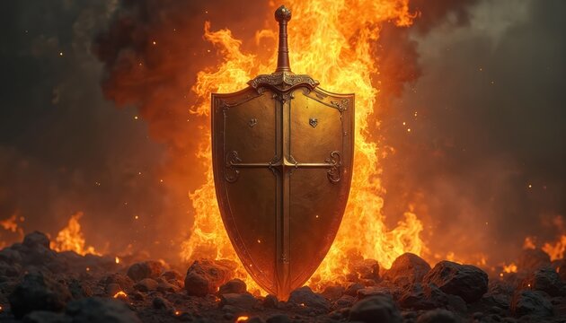 Gold shield and sword stand against fire background. Weaponry displays courage defense. Symbol of protection and strength. Represents medieval warfare with fantasy theme. - Powered by Adobe