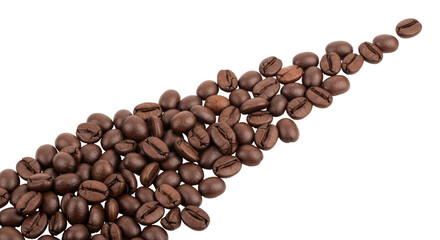 Isolated roasted arabica coffee beans in diagonal pattern, brown color, coffee shop ingredient