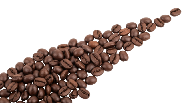 Isolated roasted arabica coffee beans in diagonal pattern, brown color, coffee shop ingredient