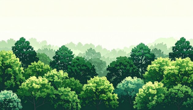 Isometric Nature Reserve with Tree Species Walking Trails and Rivers Pixel Art Style Green Hues Misty Background