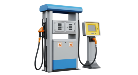 Isolated gas pump equipment for petrol or diesel fueling, station service machinery on display