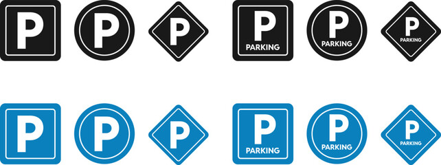 Parking area icon set. Car parking symbol. Parking area icon collection