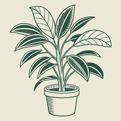 Stylized illustration of a lush green rubber plant with broad leaves in a vintage terracotta pot against a neutral background