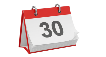 Isolated calendar with number thirty, representing a date in the month, schedule item