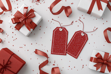 Flat lay composition of red sale tags, ribbons, and glittering gift boxes for Boxing Day promo