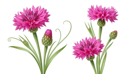 Isolated illustration of cornflowers, pink bachelor's buttons, floral bloom art