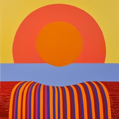 Abstract full-circle sun in centered over alternating stripes. Below blocky design represents the land, set against a bright background