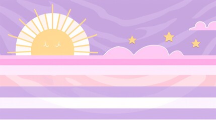 Abstract features a half-circle sun rising above horizontal stripes, representing the sea, set against a soft background
